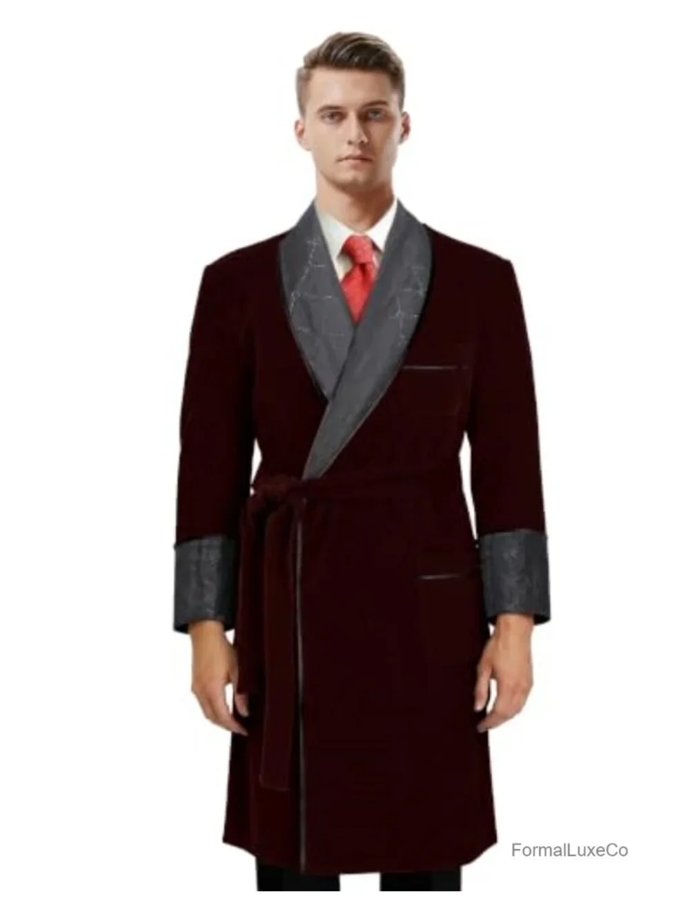 Men's Velvet Smoking Jacket Shawl Collar Quilted Satin Robe with Belt